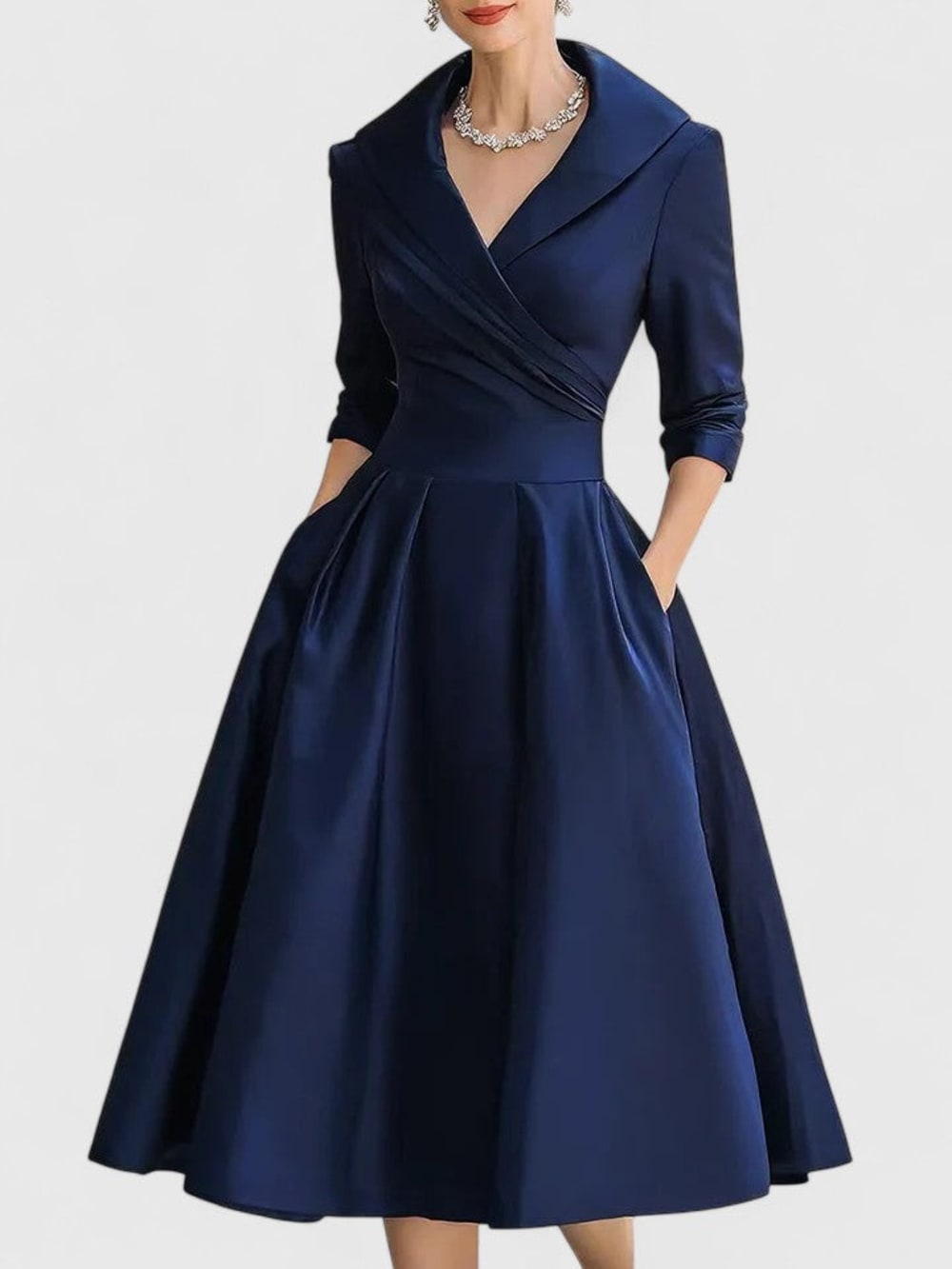 Women's Shawl Collar Midi Dress with Pockets - Clemency - Navy