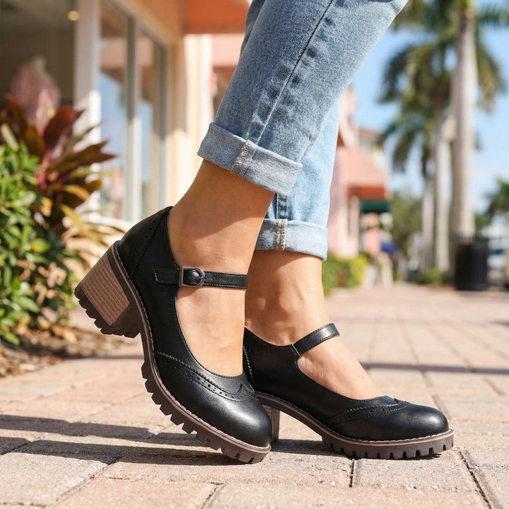 Women's T-Strap Closed Toe Block Heels - Marielle - Black