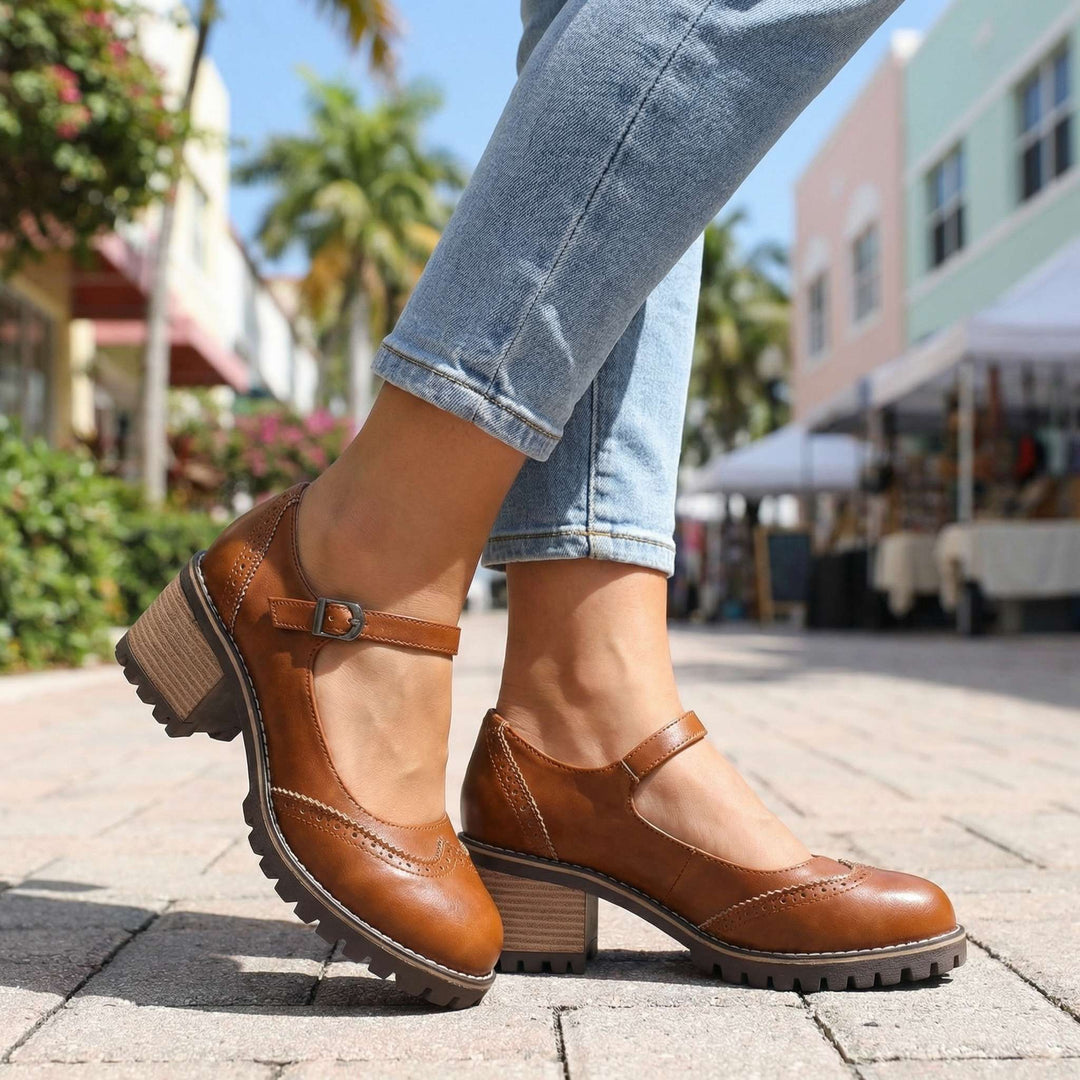 Women's T-Strap Closed Toe Block Heels - Marielle - Brown