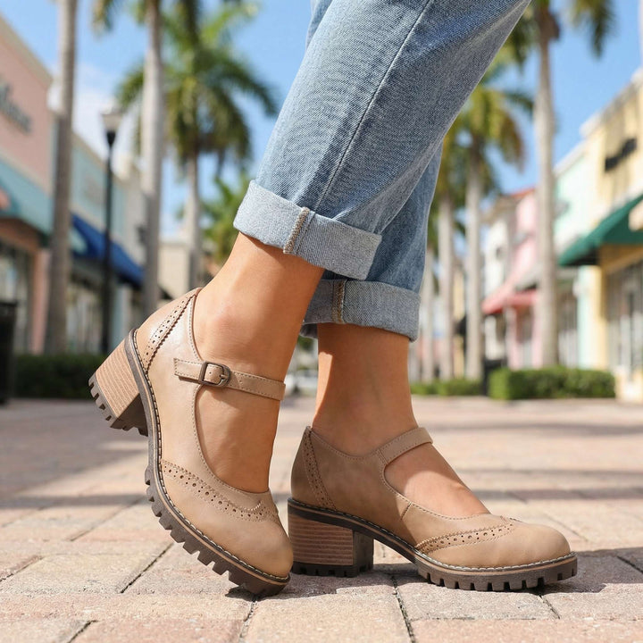 Women's T-Strap Closed Toe Block Heels - Marielle - Khaki