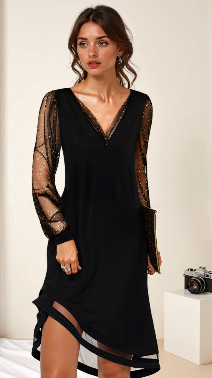 Women's V Neck Party Dress with Sheer Sleeves - Saskia - Black