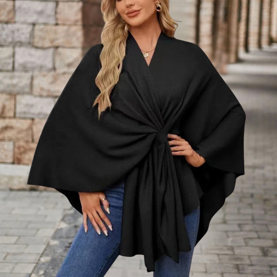 Women's Wrap Poncho with Front Knot - Rosamund - Black