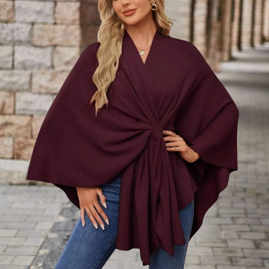 Women's Wrap Poncho with Front Knot - Rosamund - Burgundy