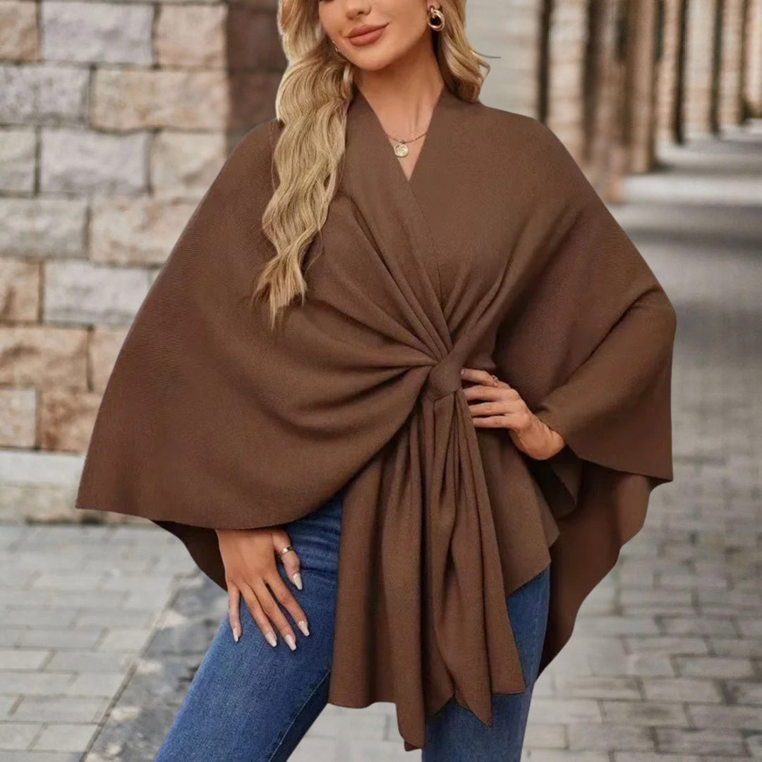 Women's Wrap Poncho with Front Knot - Rosamund - Chocolate