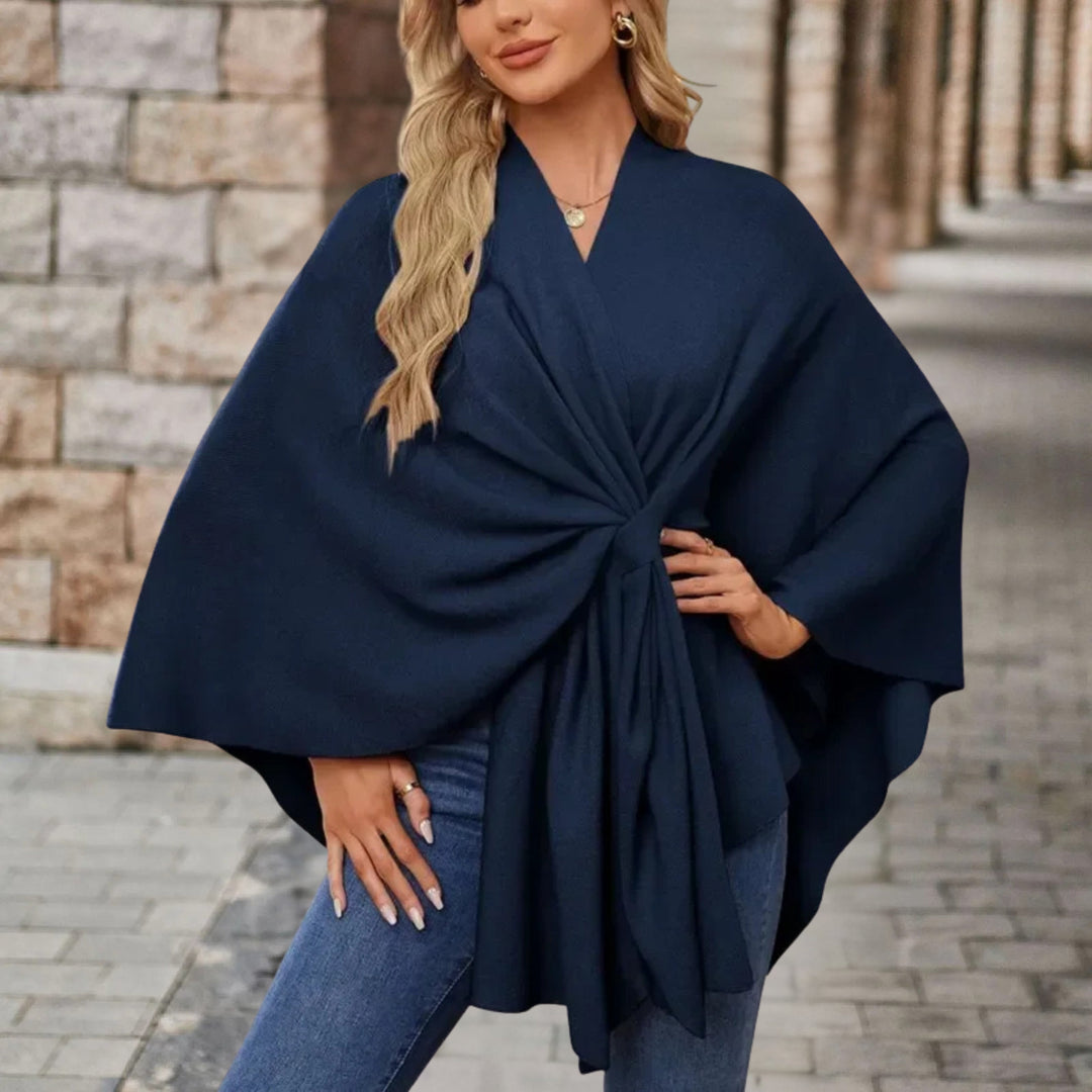 Women's Wrap Poncho with Front Knot - Rosamund - Navy