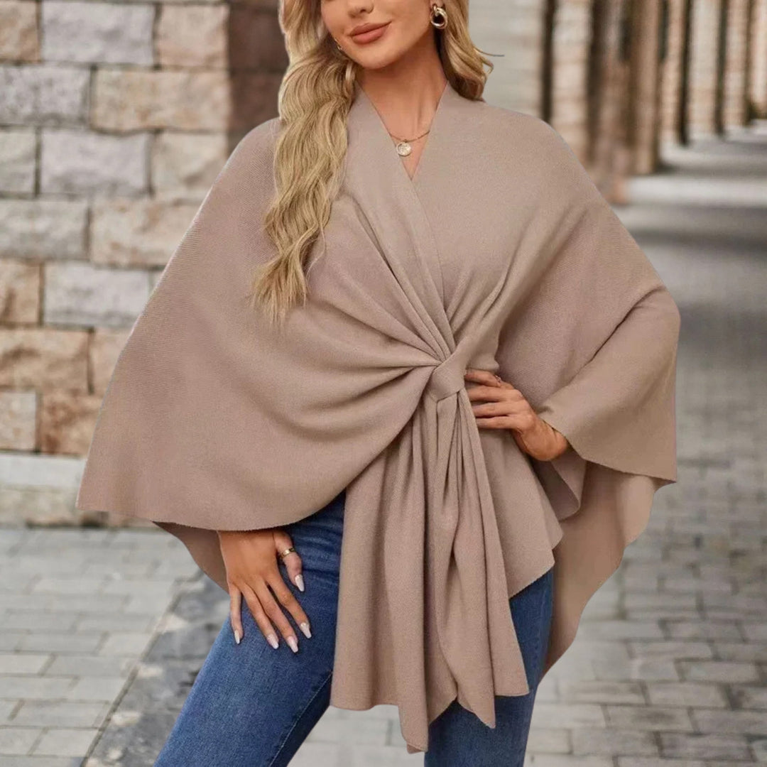 Women's Wrap Poncho with Front Knot - Rosamund - Oatmeal