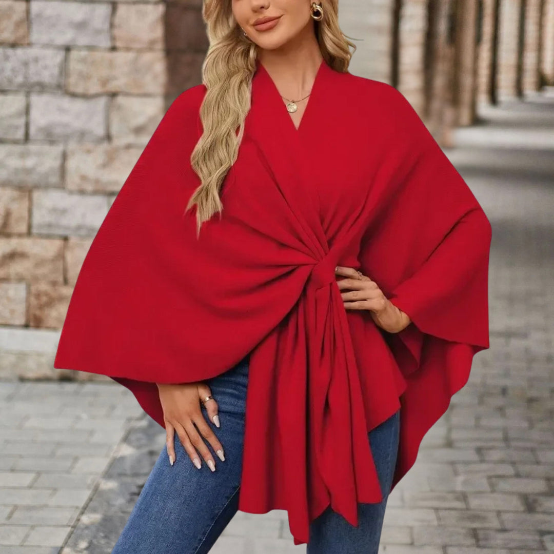 Women's Wrap Poncho with Front Knot - Rosamund - Red