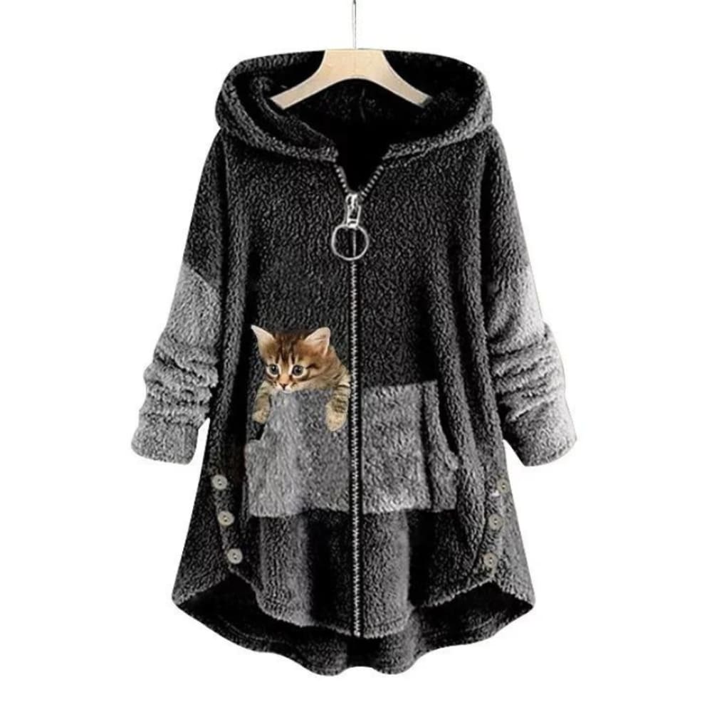 Women's Zip-Up Fleece Hoodie with Cat Print - Arabella - Charcoal