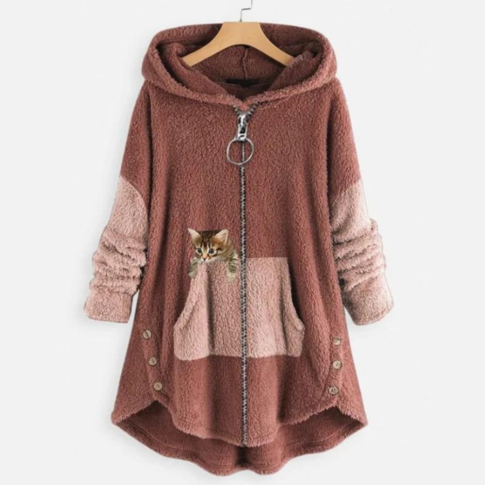 Women's Zip-Up Fleece Hoodie with Cat Print - Arabella - Dusty Pink