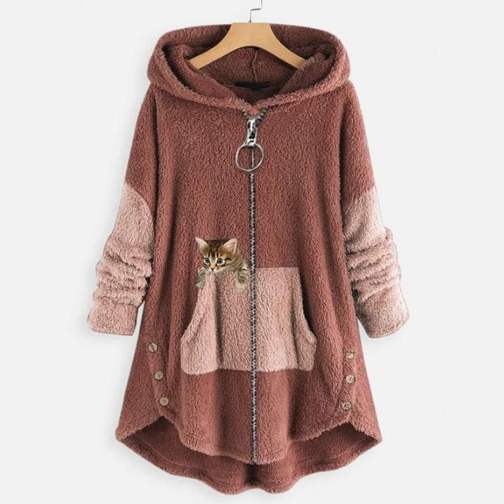 Women's Zip-Up Fleece Hoodie with Cat Print - Arabella - Dusty Pink