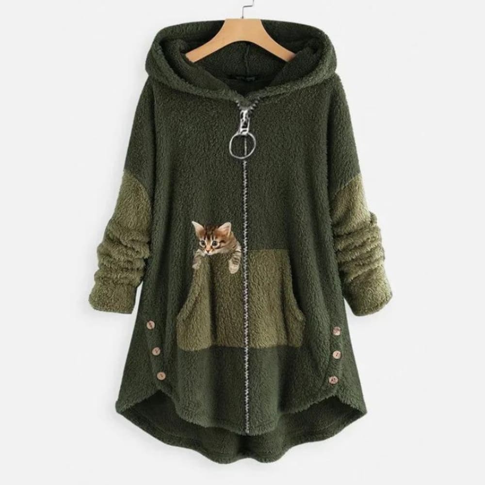 Women's Zip-Up Fleece Hoodie with Cat Print - Arabella - Forest Green