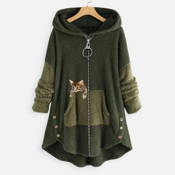 Women's Zip-Up Fleece Hoodie with Cat Print - Arabella - Forest Green