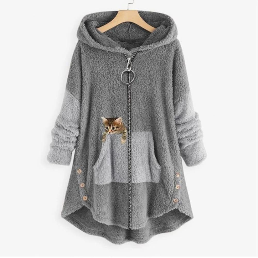 Women's Zip-Up Fleece Hoodie with Cat Print - Arabella - Grey
