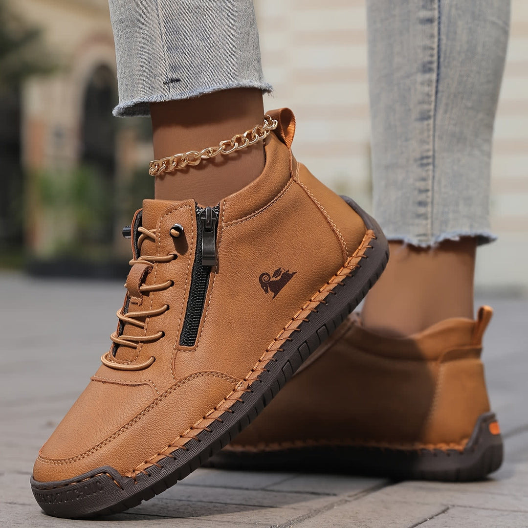 Women's Zip Up Walking Shoes with Laces - Lucinda - Tan